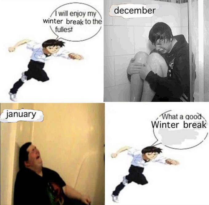 2meirl4meirl december will enjoy my winter break to the fullest january What a good Winter break