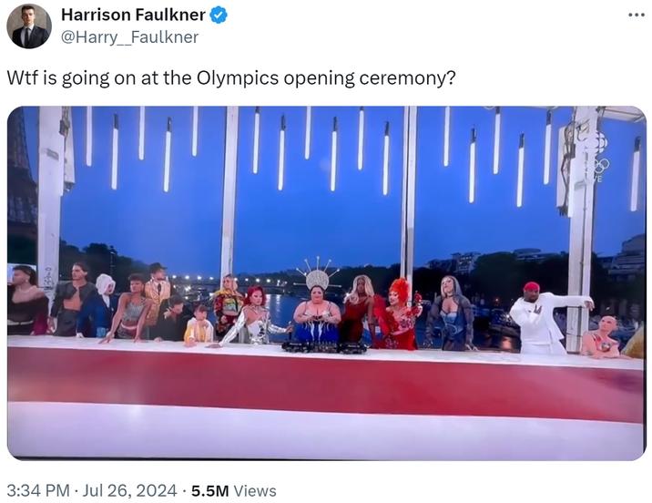 W-- is going on at the Olympics opening ceremony? Harrison Faulkner @Harry__Faulkner W-- is going on at the Olympics opening ceremony? 川 川 3:34 PM · Jul 26, 2024・5.5M Views