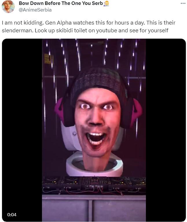 I am not kidding. Gen Alpha watches this for hours a day. This is their slenderman. Look up skibidi toilet on youtube and see Bow Down Before The One You Serb @AnimeSerbia I am not kidding. Gen Alpha watches this for hours a day. This is their slenderman. Look up skibidi toilet on youtube and see for yourself 0:04 GREASE ...
