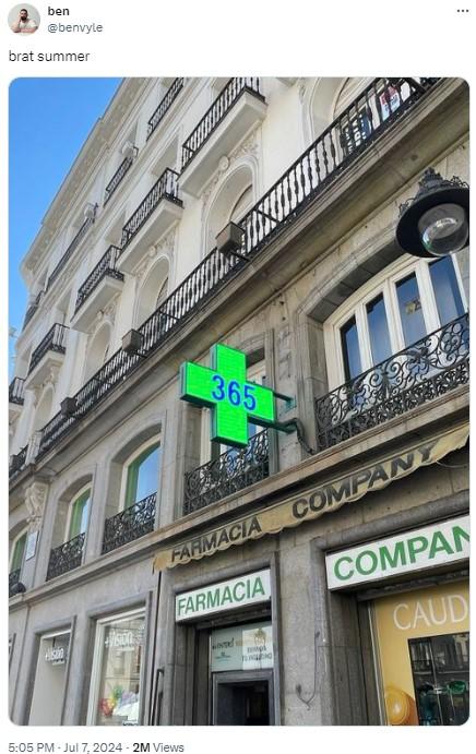 brat summer pharmacy ben @benvyle brat summer 365 FARMACIA COMPANY FARMACIA COMPAN Vision wood INGRING CAUD 5:05 PM - Jul 7, 2024 2M Views