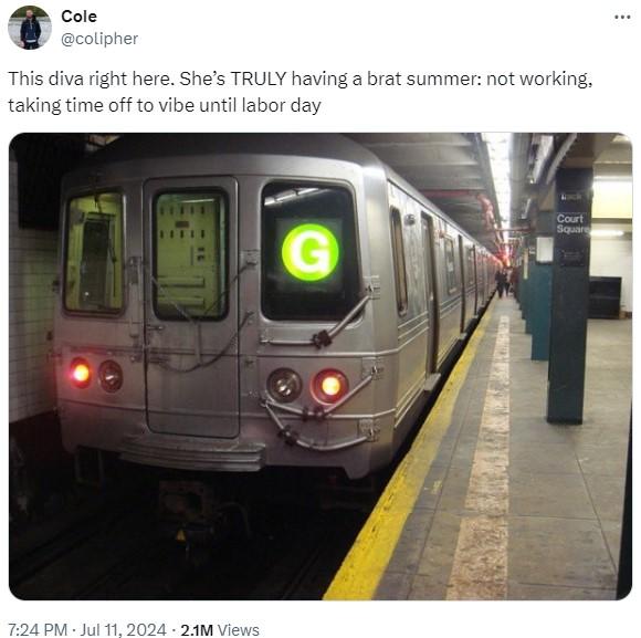 This diva right here. Sheβs TRULY having a brat summer: not working, taking time off to vibe until labor day Cole @colipher This diva right here. She's TRULY having a brat summer: not working, taking time off to vibe until labor day 7:24 PM - Jul 11, 2024 2.1M Views G Court Square