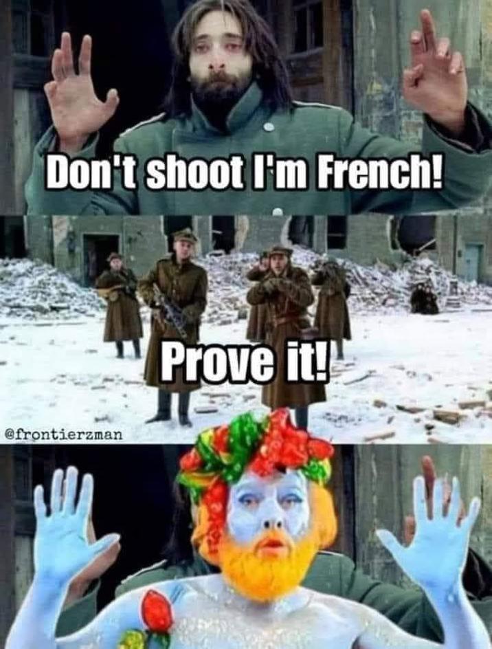 France always surrendering | /r/dankmemes Don't shoot I'm French! @frontierzman Prove it!!