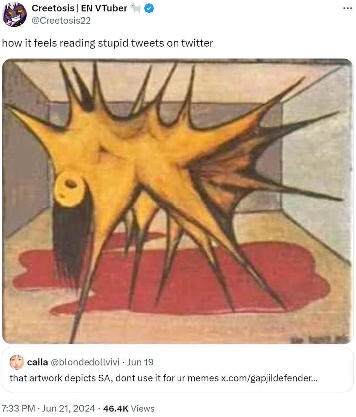 how it feels reading stupid tweets on twitter Creetosis | EN VTuber @Creetosis22 how it feels reading stupid tweets on twitter caila @blondedollvivi · Jun 19 . that artwork depicts SA, dont use it for ur memes x.com/gapjildefender... 7:33 PM ⚫ Jun 21, 2024 · 46.4K Views ...