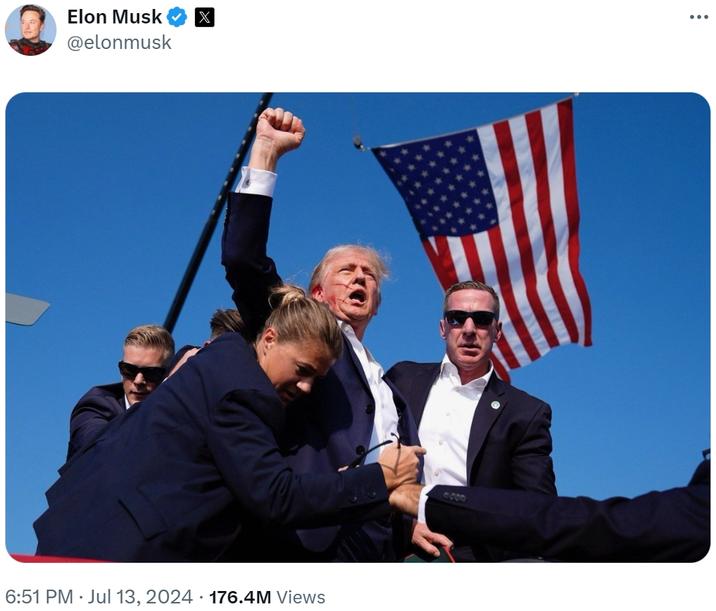 Elon Musk Posts Trump Raised Fist Photograph Elon Musk @elonmusk • 6:51 PM Jul 13, 2024 176.4M Views •