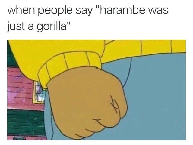 Harambe Just a Gorilla Arthur's Fist meme about how it feels when people say Harambe was just a gorilla