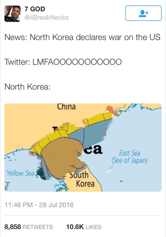 North Korea Declares War arthurs fist meme about how North Korea must have felt after declaring war on US and Twitter laughing it off