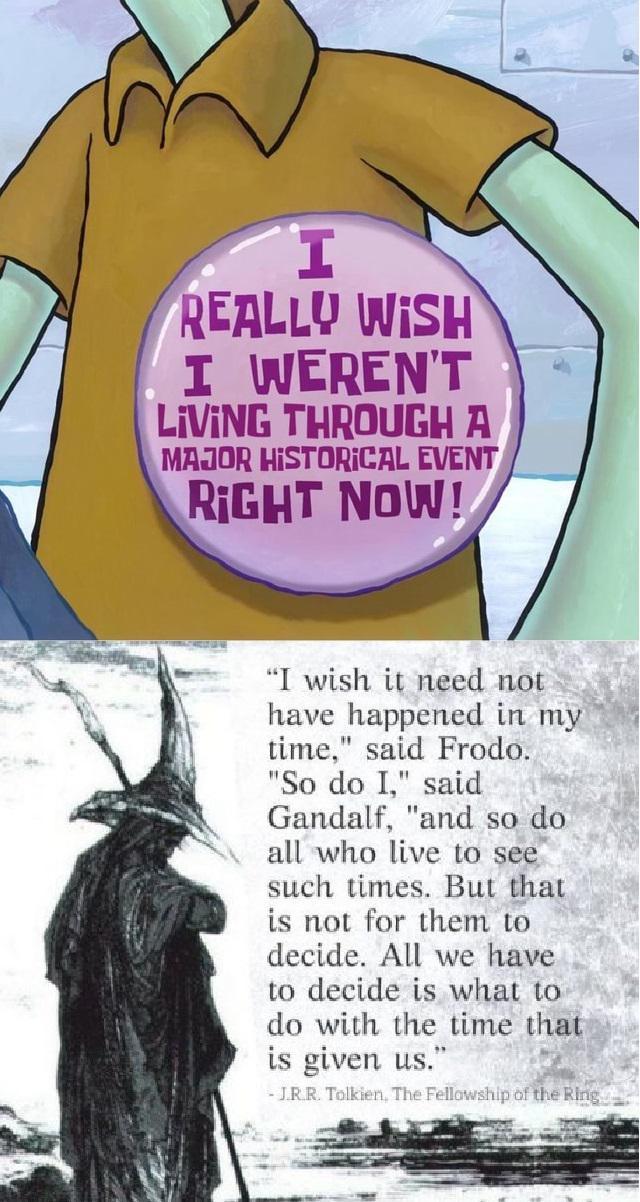 Wise Words From Gandalf I. REALLY WISH I WEREN'T LIVING THROUGH A MAJOR HISTORICAL EVENT RIGHT NOW! "I wish it need not have happened in my time," said Frodo. "So do I," said Gandalf, "and so do all who live to see such times. But that is not for them to decide. All we have to decide is what to do with the time that is given us." - JR.R. Tolkien, The Fellowship of the Ring