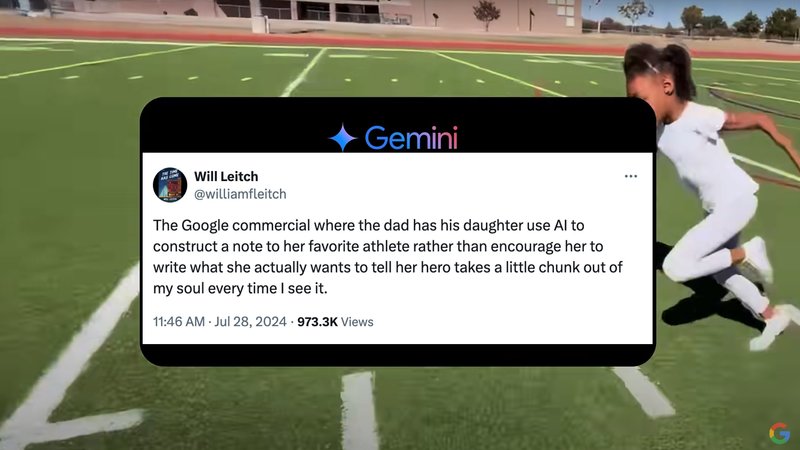 Google Commercial Suggests One Can Use AI To Write Their Child's Fan Letter To An Athlete, Internet Doesn't Appear Enthused Google AI letter ad for Gemini.