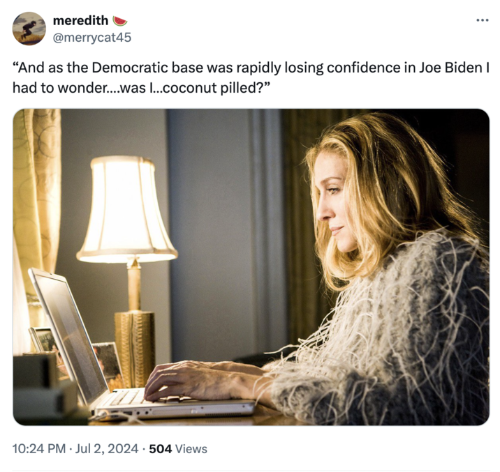Was I Coconut Pilled? meredith @merrycat45 ... "And as the Democratic base was rapidly losing confidence in Joe Biden I had to wonder....was ...coconut pilled?" 10:24 PM ⚫ Jul 2, 2024 504 Views •