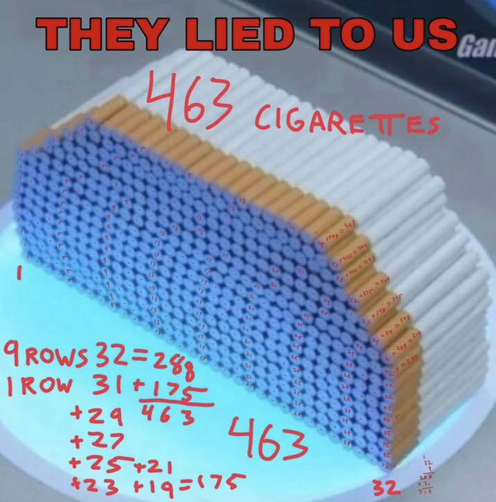 THEY LIED TO US 463 cigarettes THEY LIED TO US 463 CIGARETTES 4944 = 463 +423 = 444 +400 = 423 +375 =400 4398=375 x319 = 344 + × 288 = 319 2.9=238 9 ROWS 32=288 | ROW 31+ 175 +29 463 +27 463 +25+21 +23+19=175 32 32 32 Sz $2 32 288 31 319